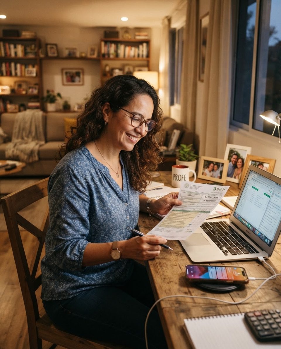 Docente revisando su certificado tributario en casa junto a su portátil